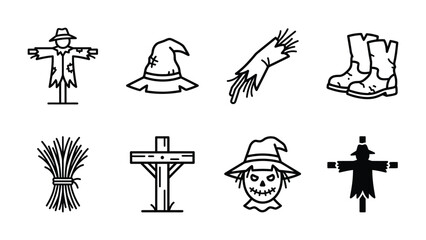 Fototapeta premium Harvest Icons: A collection of charming line art icons celebrating the autumn harvest, featuring a scarecrow, witch hat, hay bale, boots, wheat sheaf, cross, pumpkin face, and a silhouette scarecrow.