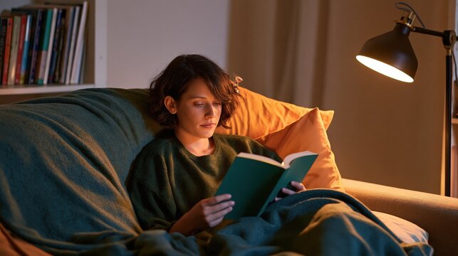 Woman reading a book under a warm lamp light on a cozy couch