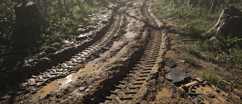 Deep vehicle tire tracks in a muddy forest road after rain