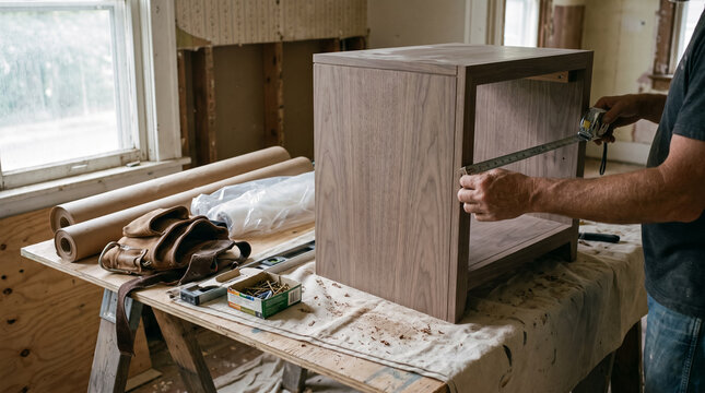 Carpenter measuring wooden nightstand with tape measure during house renovation and furniture assembly. Concept of installation, woodworking, woodworker, cabinet maker.