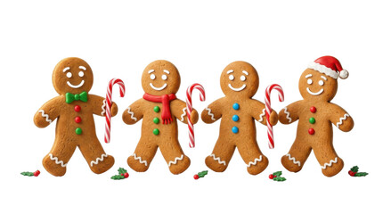 Fototapeta premium Four cheerful gingerbread men cookies with candy canes and festive decorations for Christmas PNG Isolated on transparent background