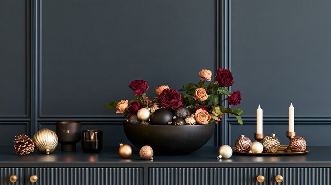 Elegant sideboard display with roses, ornaments, and candles