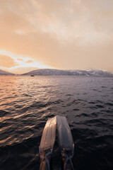 Diving fins preparing for arctic fjord exploration at sunset © Kristof