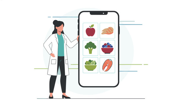 Female doctor in a white lab coat stands beside a giant smartphone screen displaying various healthy food options.