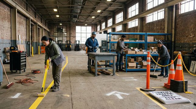 Diverse factory workers organizing workshop floor marking safety lines and arranging equipment. Concept of prepare, space, normal, warehouse, workplace safety, 5s methodology.
