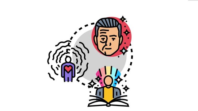 Mental reflections concept visualizes an older person's wisdom, individual introspection with emotions, and constant learning through reading, forming a cycle of personal growth and development