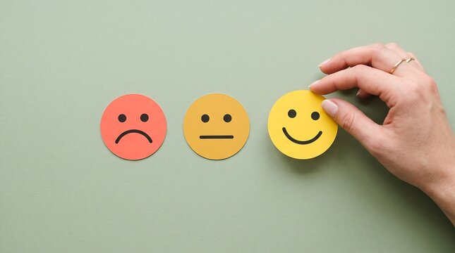 Hand placing a happy smiley face cutout next to neutral and sad emotions representing customer satisfaction and feedback survey concept