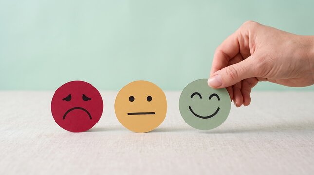 Hand choosing a happy smiley face paper circle from a set of different emotions representing customer feedback and satisfaction