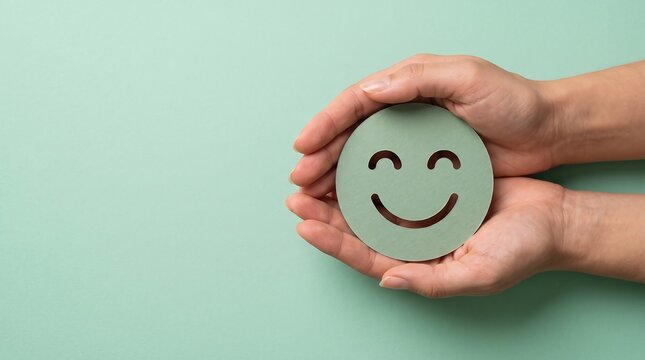 Hands holding a green paper circle with a smiling face cutout representing mental health, positivity, and customer satisfaction concept