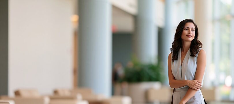 Female school administrator welcoming in modern lobby