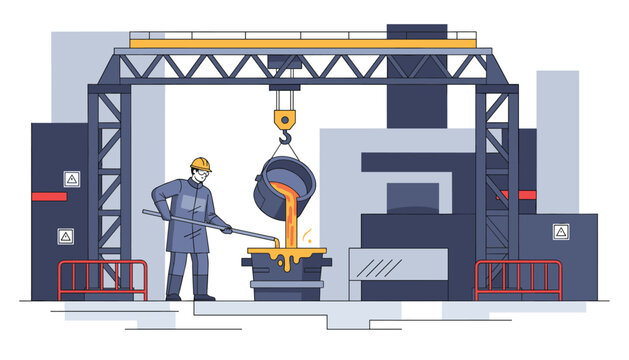Industrial factory worker in protective gear pouring glowing molten metal from a large crucible in a heavy machinery foundry.