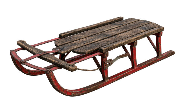 Vintage wooden sled with red metal frame and weathered planks PNG Isolated on transparent background