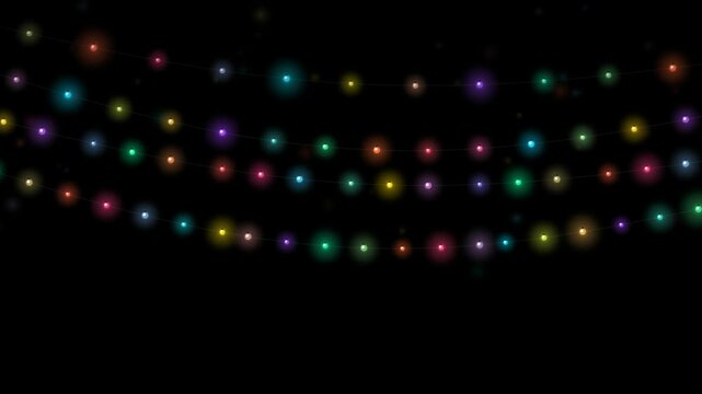 Colorful glowing Christmas lights string animation on black background