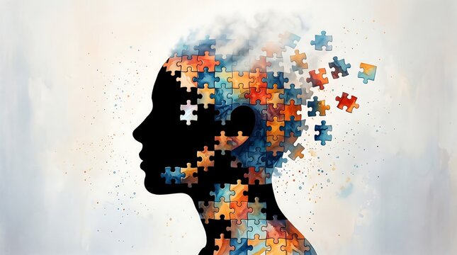 Conceptual illustration of a human head silhouette formed by colorful puzzle pieces representing mental health, psychology, and cognitive development