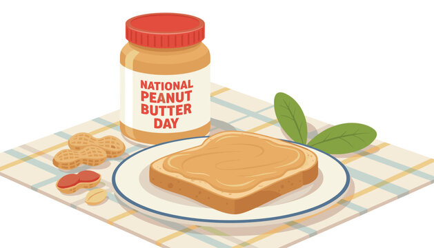 Celebration of National Peanut Butter Day with a jar of peanut butter and a spread slice of toast on a plaid tablecloth.