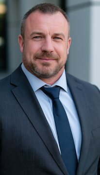Confident male school principal standing by modern light gray wall