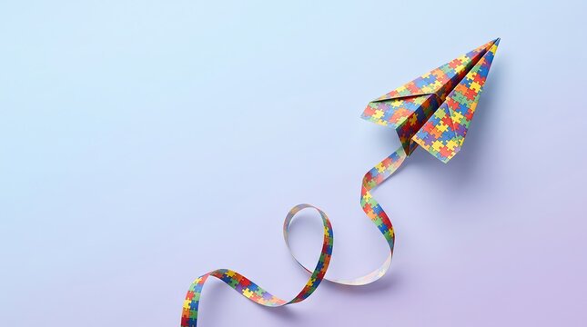 Paper airplane made of colorful puzzle pieces flying with a trailing ribbon on a soft light blue gradient background