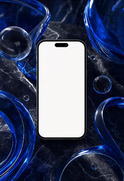 Modern smartphone mockup with blank white screen surrounded by abstract blue glass shapes on dark marble surface