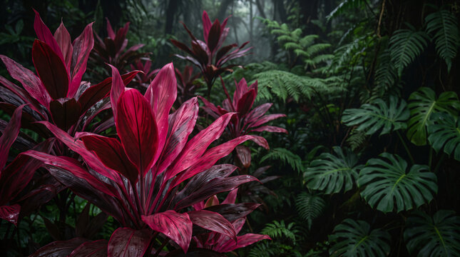 Vibrant pink tropical plant leaves in a misty jungle with lush green ferns and moody rainforest foliage