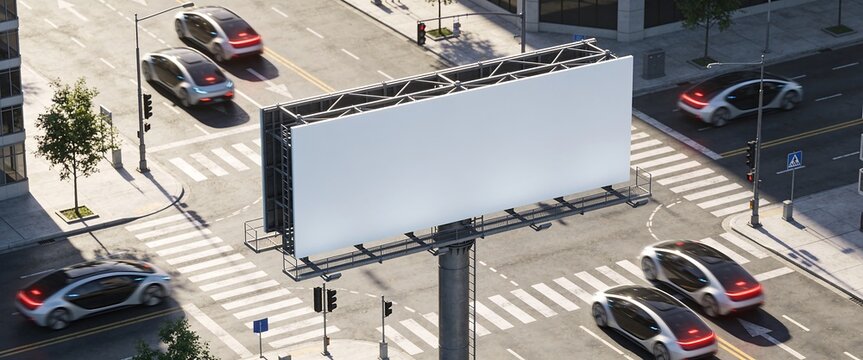 Blank white billboard mockup overlooking busy urban street with futuristic cars and crosswalks
