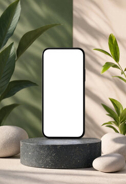 Modern smartphone with a blank white screen placed on a dark stone pedestal with tropical leaves and pebbles