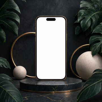 Modern smartphone with blank white screen mockup standing on marble podium with tropical leaves and golden rings
