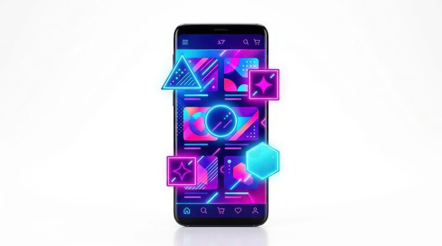 Smartphone showing modern app interface with neon shapes