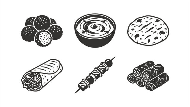 Assorted food icons: raspberries, dipping sauce, pizza, wrap sandwich, kebab skewer, and stuffed grape leaves. Flat vector illustration EPS 10.