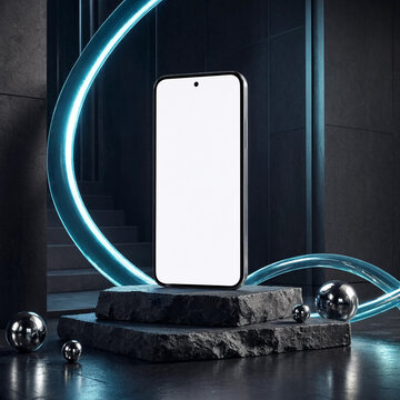 Modern smartphone with blank white screen mockup standing on stone pedestal in abstract neon lit dark background