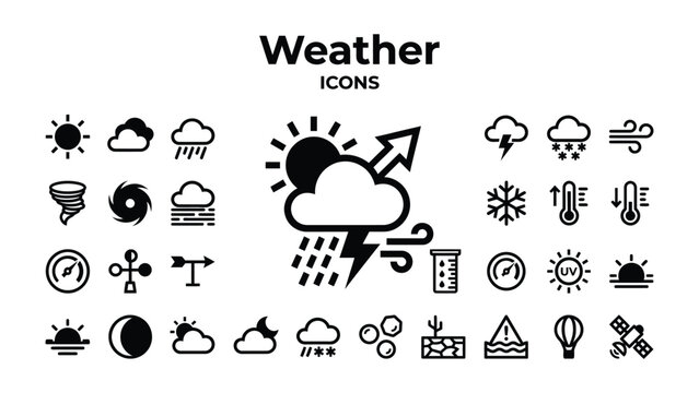Diverse Weather Icons: A comprehensive collection of weather icons, showcasing a range of meteorological phenomena from sunshine and clouds to storms and wind.