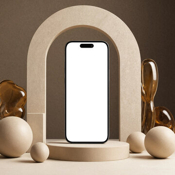 Modern smartphone with blank white screen mockup standing on podium with abstract geometric shapes and glass sculptures