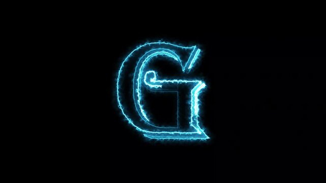 Neon letter G, bright blue alphabet character forming from flowing light strokes and glowing trails, futuristic typography animation, circular energy movement,black background, 4k