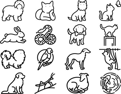 Collection of animal icons featuring dogs cats rabbits and birds in line style