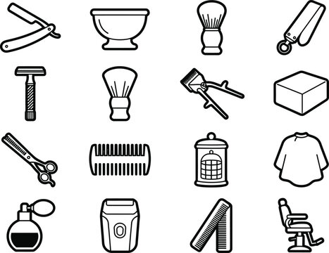 Collection of barbering tools and accessories in a linear icon style