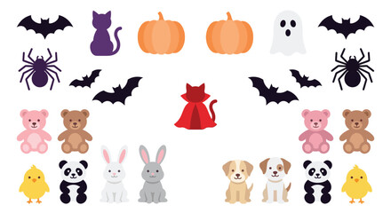 Obraz premium Halloween themed vector illustrations of animals and pumpkins on a white background