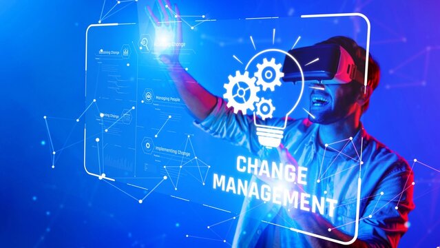 A young adult enthusiastically interacts with virtual reality technology, showcasing the impact of innovative change management in a digital business environment. Raster