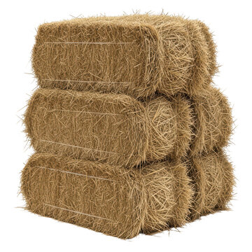 A stack of three large rectangular bales of hay neatly arranged on a clean white background.