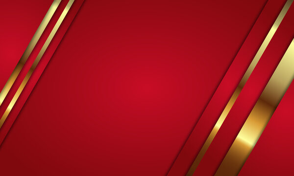 Red abstract background with golden stripes and diagonal layered shapes