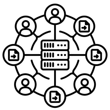 A black and white line icon representing a central server connected to multiple user profiles and document file transfer nodes in a digital network