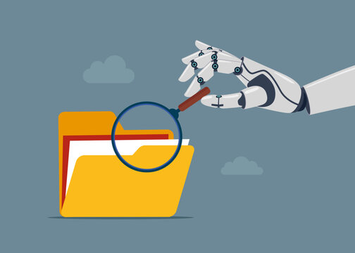 Artificial intelligence. Robot search files data with magnifying glass in folder. Tidying up and organizing file and document in database. Flat Vector illustration.