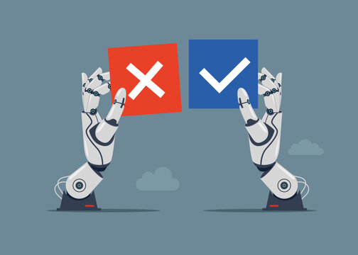 Robotic hands with signs choosing option between yes and no. Choice, problem and decision concept. Flat vector illustration.