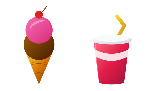 Refreshment Set - Ice Cream Cone Cherry and Soda Soft Drink PNG