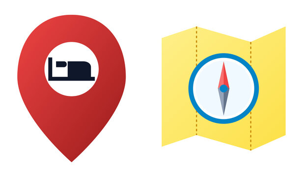 Travel Navigation Set - Hotel Location Pin and Compass Map Vector PNG