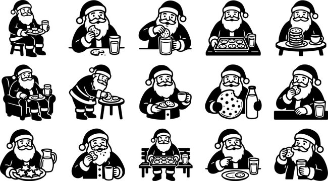 Black silhouette santa claus eating cookies and drinking milk set for holiday designs.