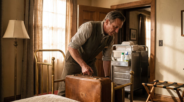 Hotel staff member unloading vintage luggage from brass cart in cozy rustic guest room. Concept of services, worker, loads, bellhop, vintage suitcase, concierge.