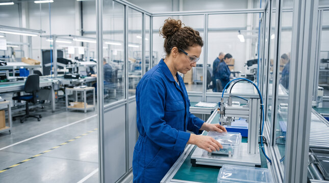 Female technician operating automated sealing fixture jig in electronics manufacturing factory workshop. Concept of maintenance, finished, assembly line, factory worker, electronics assembly.
