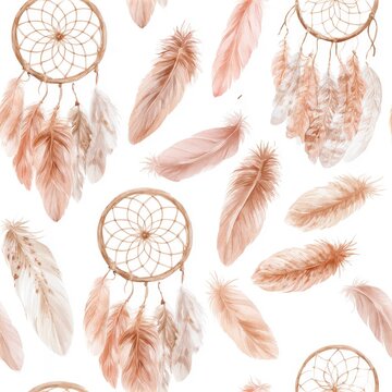 Watercolor seamless pattern featuring dreamcatchers and delicate feathers on a clean white background, soft illustrative style
