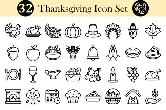 Thanksgiving icons set including turkey pumpkin pie and autumn leaves