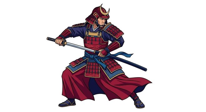 Japanese Samurai Warrior Holding Katana in Traditional Armor