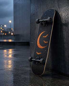 Skateboard with a moon and bat design resting against a wet city wall at dusk urban street wet pavement city evening skate culture crescent moon bat graphic skateboarding gear city sidewalk